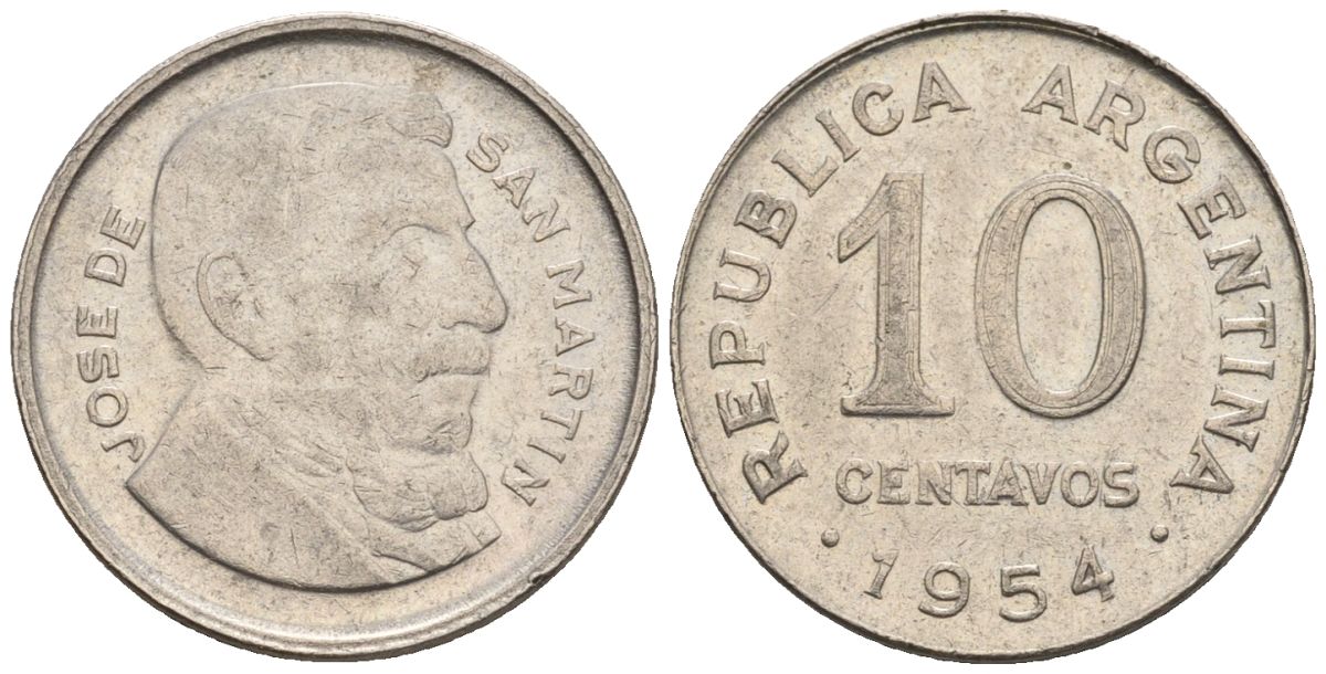 Аргентина 10 сентаво 1954 генерал Хосе де Сан Мартин KM 51, Schon 50a.2 сталь плакированная никелем    4609-1165