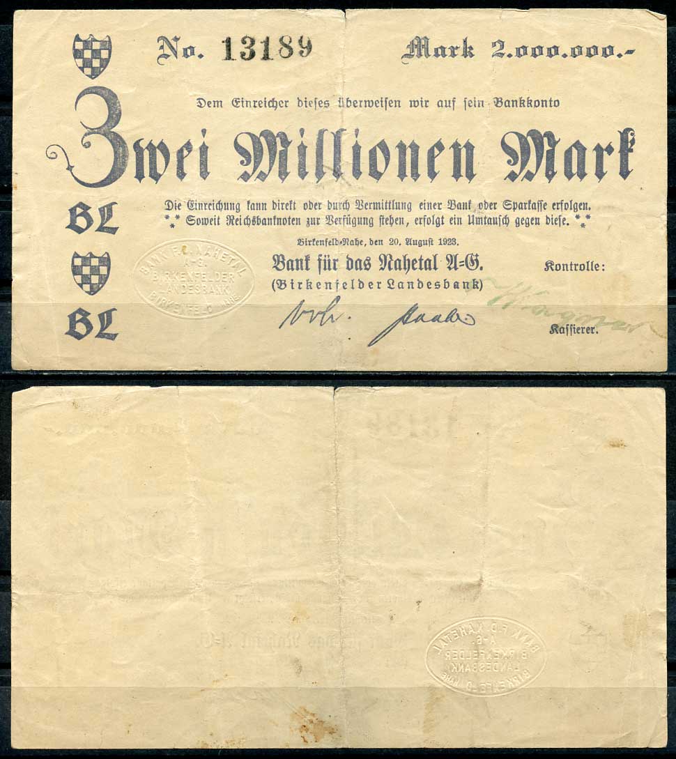 Германия, Биркенфельд 2000000 марок 1923 нотгельд, 20.08.1923 бумага 444-105-1-2
