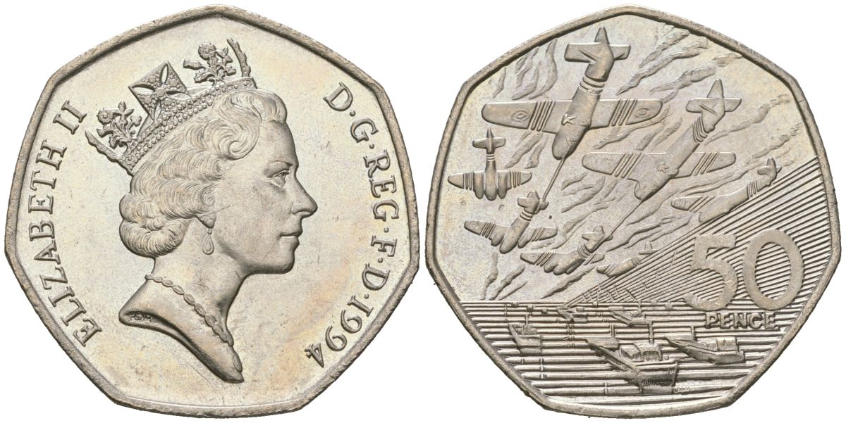 Великобритания 50 пенсов 1994 Елизавета II (1952-2022), 50 лет высадки союзников в Нормандии (день D) KM 966, Spink H6 медно-никель UNC 4590-143