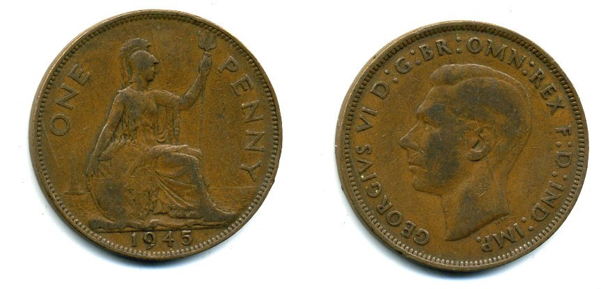 Великобритания 1 пенни 1945 Георг VI (1936-1952) KM 845, Spink 4114 бронза 37-1022