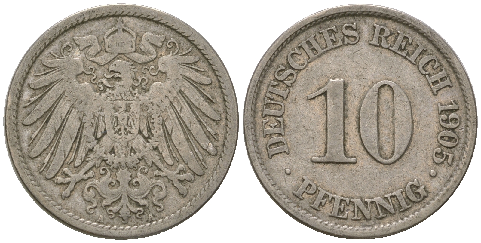 Германия 10 пфеннигов 1905 A KM 12, J. 13 медно-никель 4641-435