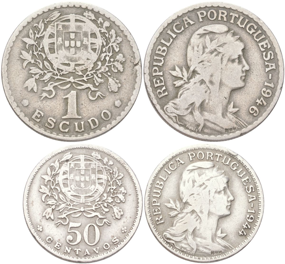 Португалия набор из 2 монет (50 сентаво и 1 эскудо) 1944 и 1946 KM 577 и 578 никель латунь 4612-624-625