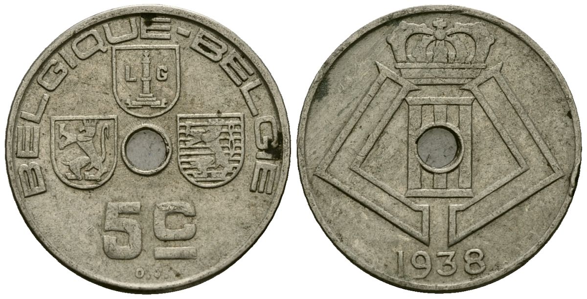 Бельгия 5 сантимов 1938 Belgique - Belgie KM 110 никель латунь 4173-624