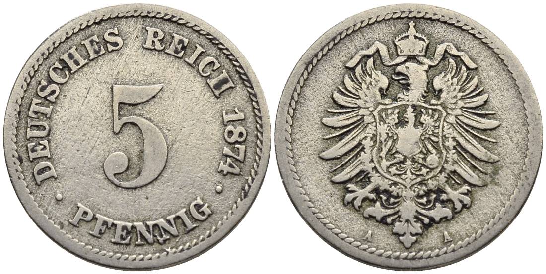 ГЕРМАНИЯ 5 ПФЕННИГОВ 1874 А, СТАРОГЕРБОВКА KM 3, Jager 3, Weege 5 медно-никель 4546-1021
