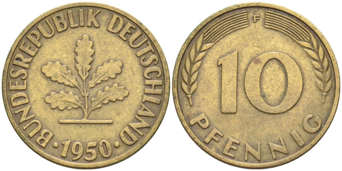 ФРГ 10 пфеннигов 1950 F KM 106 сталь плакированная латунью 4571-531