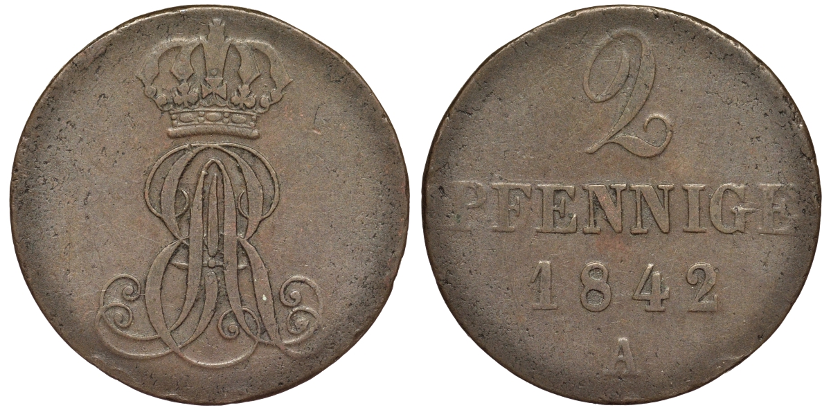 Ганновер 2 пфеннига 1842 A, Эрнст Август (1837-1851) KM 174.1, AKS 122, J. 55 медь 75-1724