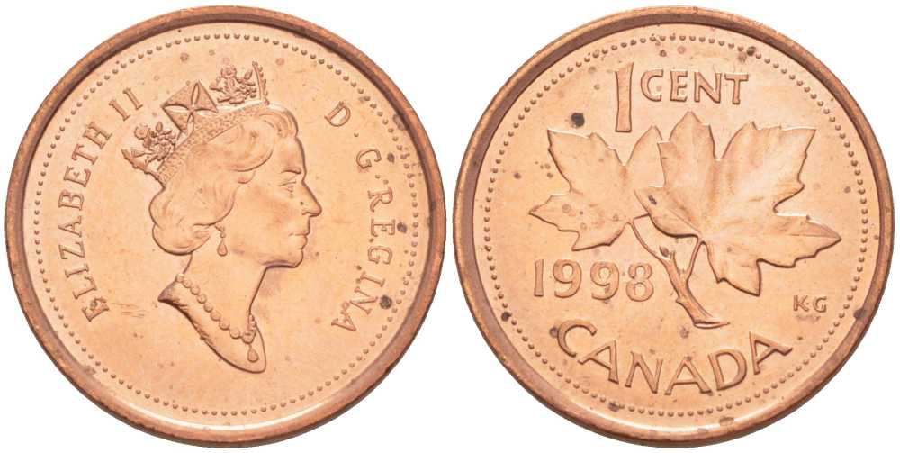 КАНАДА 1 ЦЕНТ 1998 КЛЕНОВЫЙ ЛИСТ, ЕЛИЗАВЕТА II KM 289 сталь плакированная медью 112-115