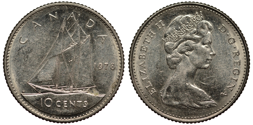 КАНАДА 10 ЦЕНТОВ 1978 ПАРУСНИК KM 77.1 никель VF+ 4181-334