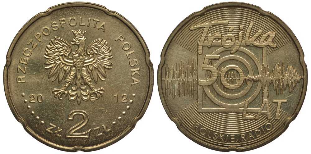 Польша 2 злотых 2012 MW, 50 лет радио "тройка" KM 816 нордик  UNC 111-543