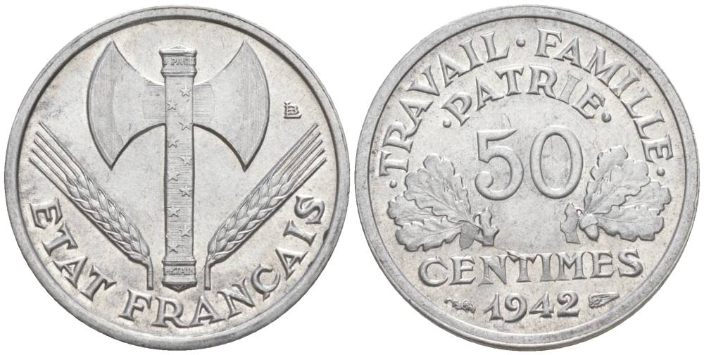 ФРАНЦИЯ 50 САНТИМОВ 1942 ТИП FRANCISQUE, LOURDE, ПРАВИТЕЛЬСТВО ВИШИ KM 914.1, LE FRANC 195.2 алюминий 44-335