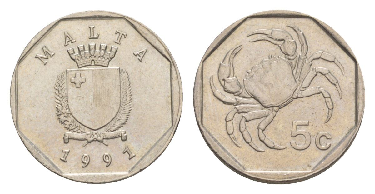 Мальта 5 центов 1991 краб KM 95 медно-никель 4632-858