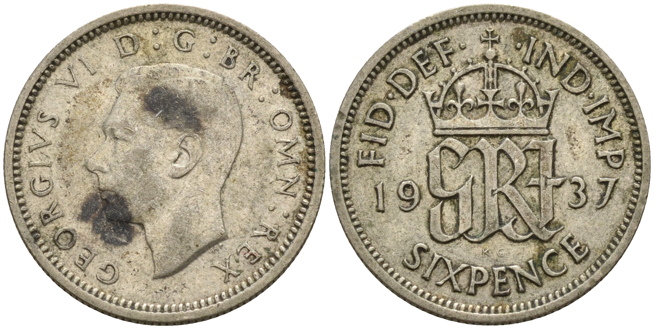 Великобритания 6 пенсов 1937 Георг VI (1936-1952) KM 852, Spink 4084 серебро    4602-626