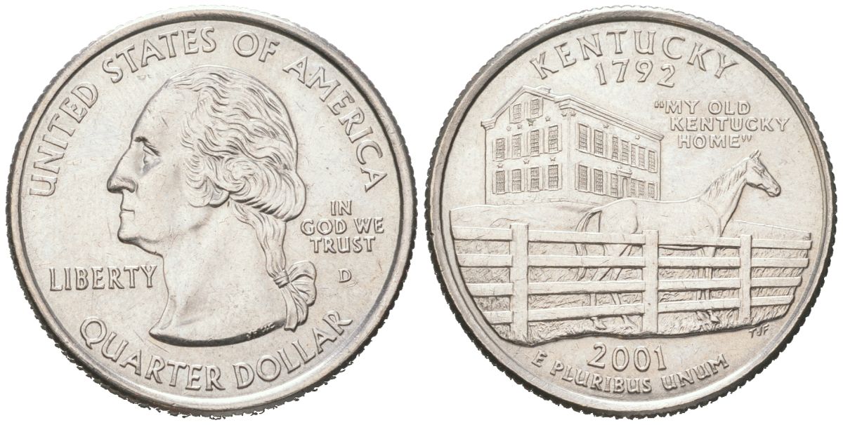 США 25 центов = квотер = 1/4 доллара 2001 D, квотер штата Кентукки KM 322 медь плакированная медно-никелем UNC 183-241