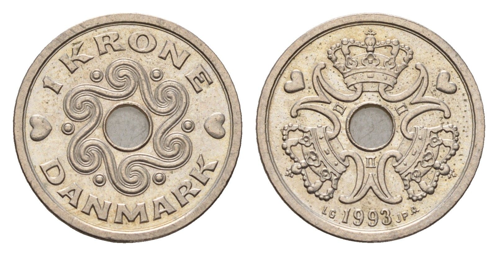 Дания 1 крона 1993 Маргрете II (1972-2024) KM 873 медно-никель aUNC 201-864