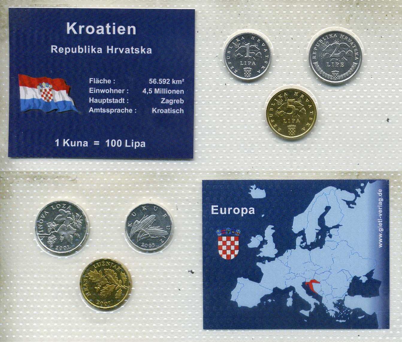 Хорватия набор из 3 монет (1, 2 и 5 лип) 2001, 2005 и 2007 в красочном блистер, в запайке KM 3, 4 и 5 UNC 4-3-2-45