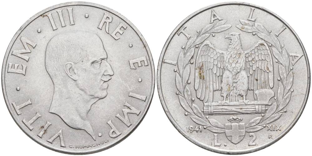 ИТАЛИЯ 2 ЛИРЫ 1941 R, ГОД XIX, ВИКТОР ЭММАНУИЛ III (1900-1946), МАГНИТНАЯ, РЕДКАЯ KM 78b, VEM3. 1156 нержавеющая сталь 3855-323