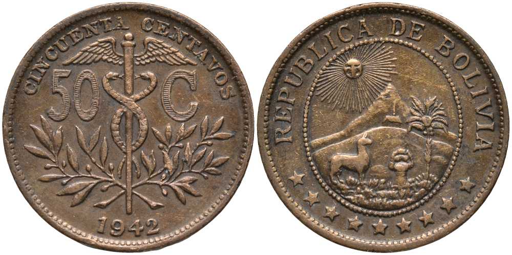 Боливия 50 сентаво 1942 кадуцей, лама, горы, солнце KM 182а.1 бронза 113-736