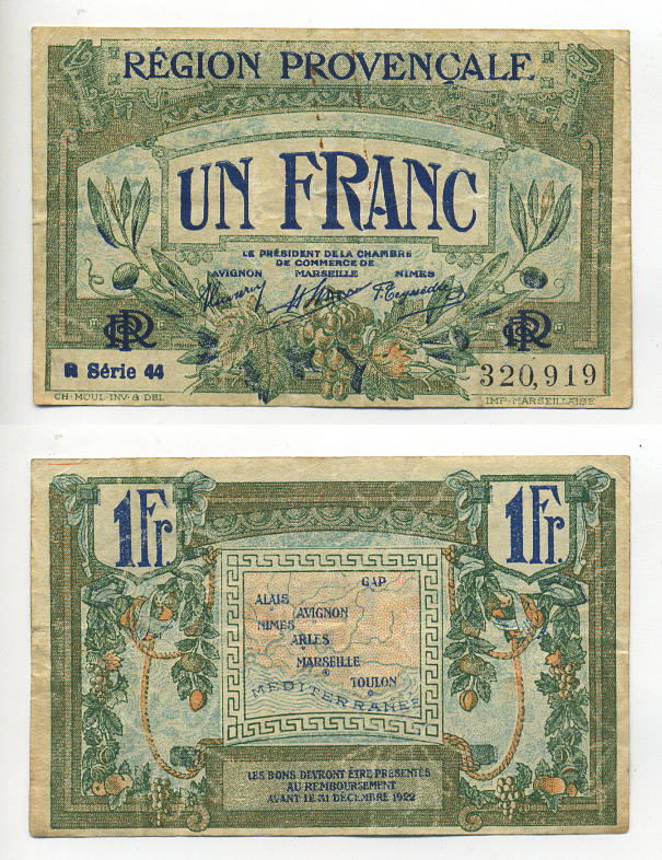 ФРАНЦИЯ 1 ФРАНК 1922 ПРОВИНЦИЯ МАРСЕЛЬ бумага 6280-28-2
