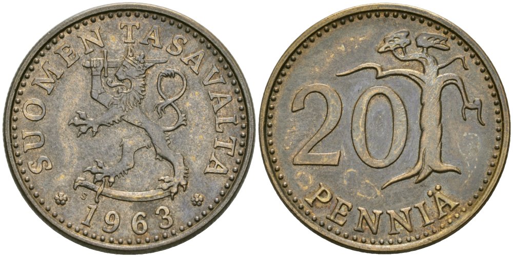 Финляндия 20 пенни 1963 KM 47 алюминиевая бронза 4579-223