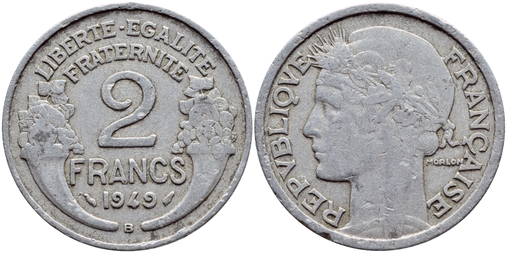Франция 2 франка 1949 В, тип Morlon KM 886а.2, Le Franc 269.15 алюминий 4397-754