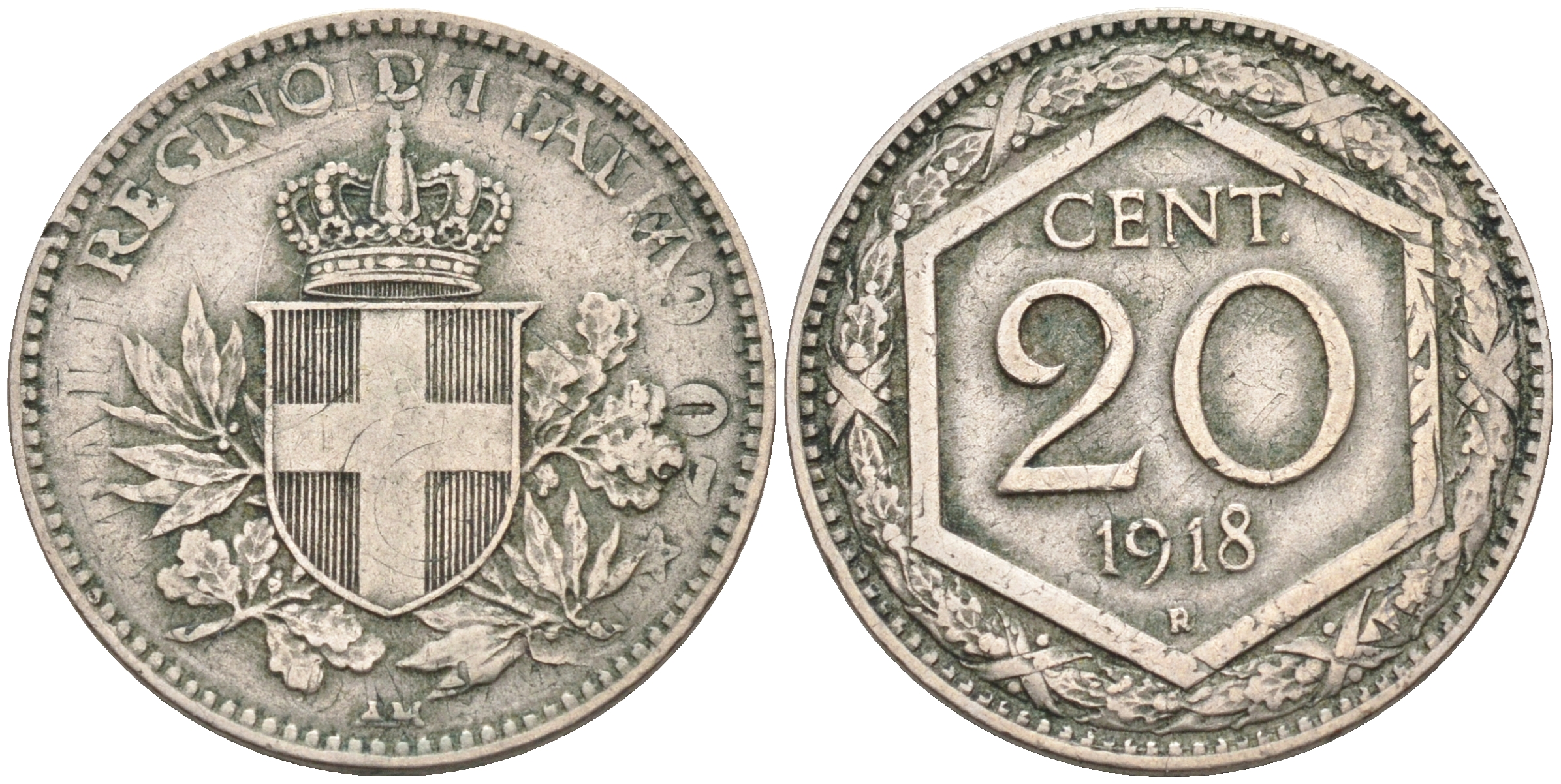 ИТАЛИЯ 20 ЧЕНТЕЗИМО 1918 R, ВИТОРИО ИМАНУИЛ III KM 58 медно-никель 63-1316