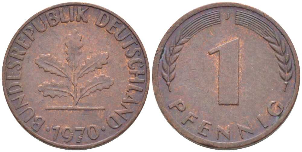 ФРГ 1 ПФЕННИГ 1970 J KM 105, J. 380 сталь плакированная медью 116-361