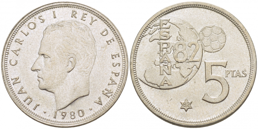 Испания 5 песет 1982 1982 ГОД, чемпионат мира по футболу Испания 82 KM 817 медно-никель 3457-723