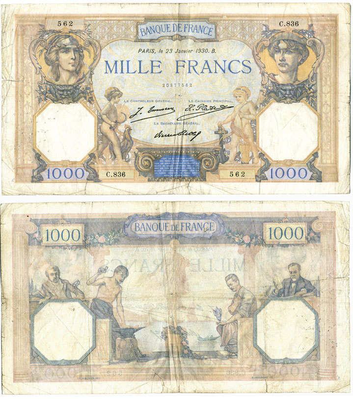 Франция 1000 франков 1930 23 января 1930 В Pick 79 a бумага 434-2-2-1
