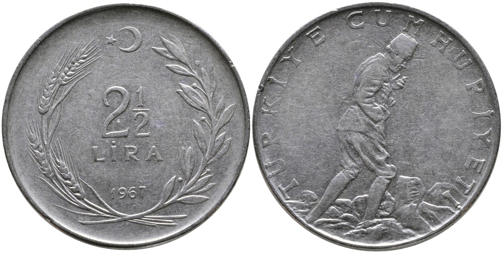 ТУРЦИЯ 2 1/2 ЛИРЫ 1967 KM 893.1 нержавеющая сталь 29-1046