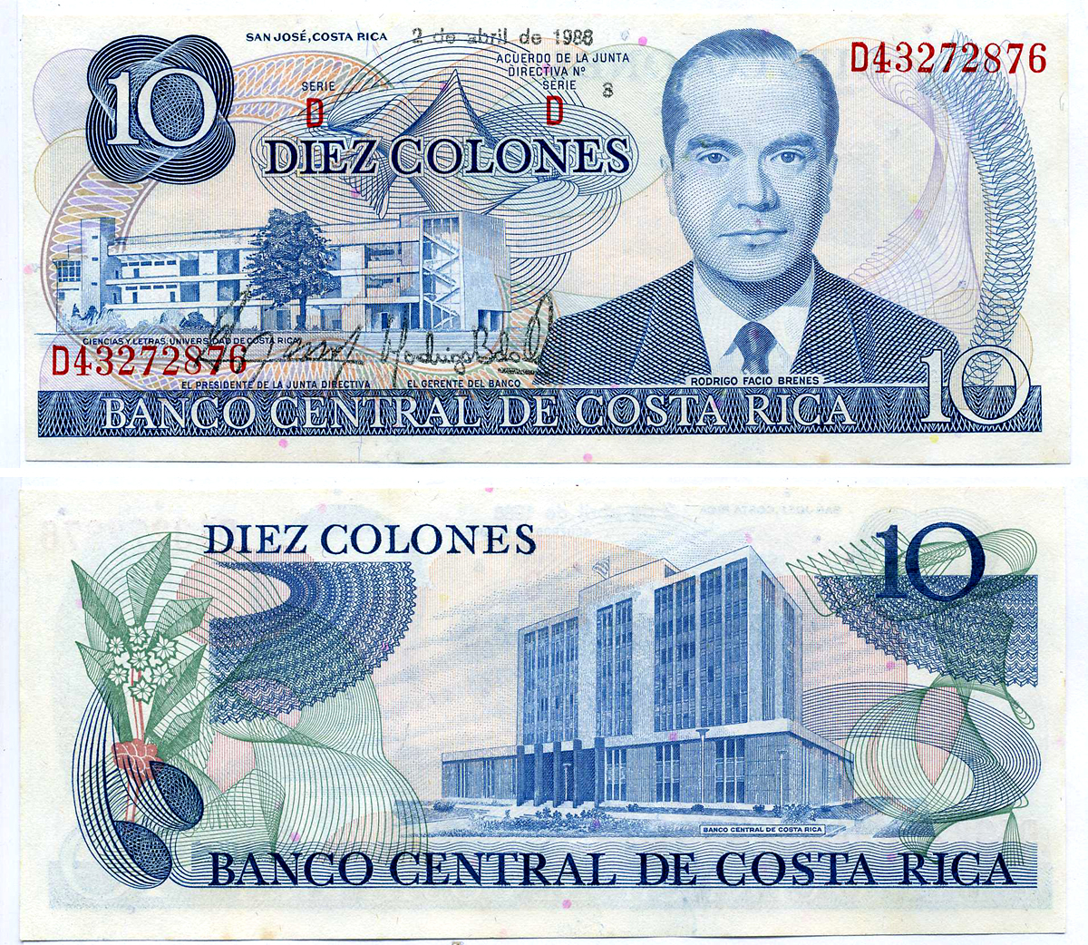 Коста-Рика 10 колонов 1986 Родриго Фацио Бренес, университет, здание центрального банка Pick 237b бумага UNC (пресс) 2197-10-3-1