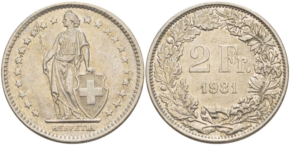 Швейцария 2 франка 1981 KM 21а.1 медно-никель 4542-523