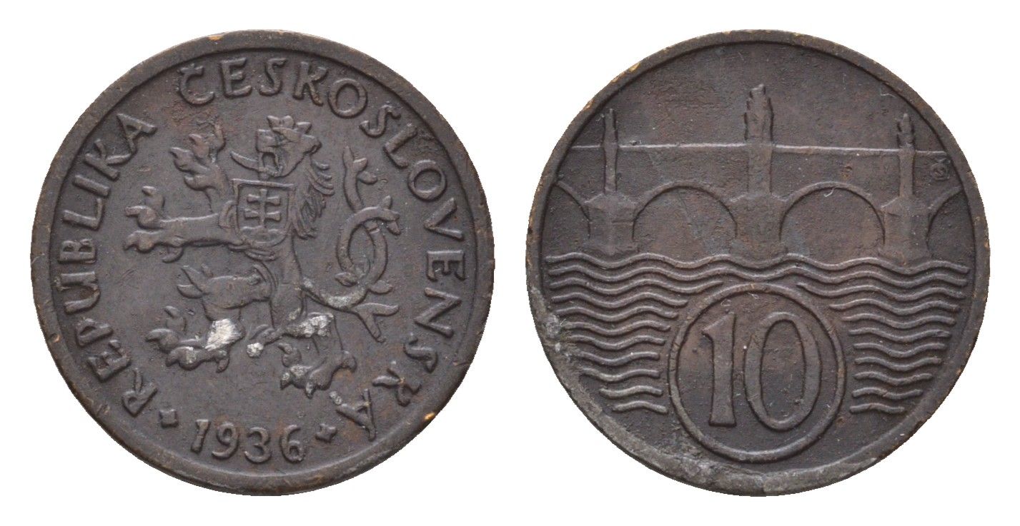 Чехословакия 10 геллеров 1936 KM 3 медь цинк 4643-1039