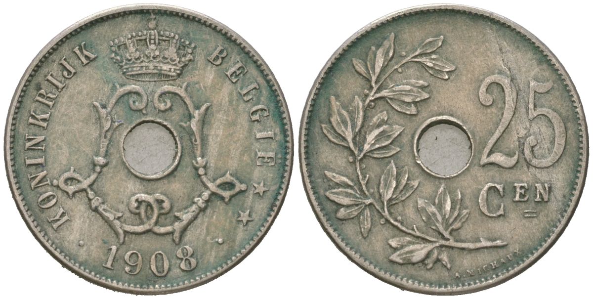 Бельгия 25 сантимов 1908 Belgie, Леопольд II (1865-1909) KM 63 медно-никель 113-422