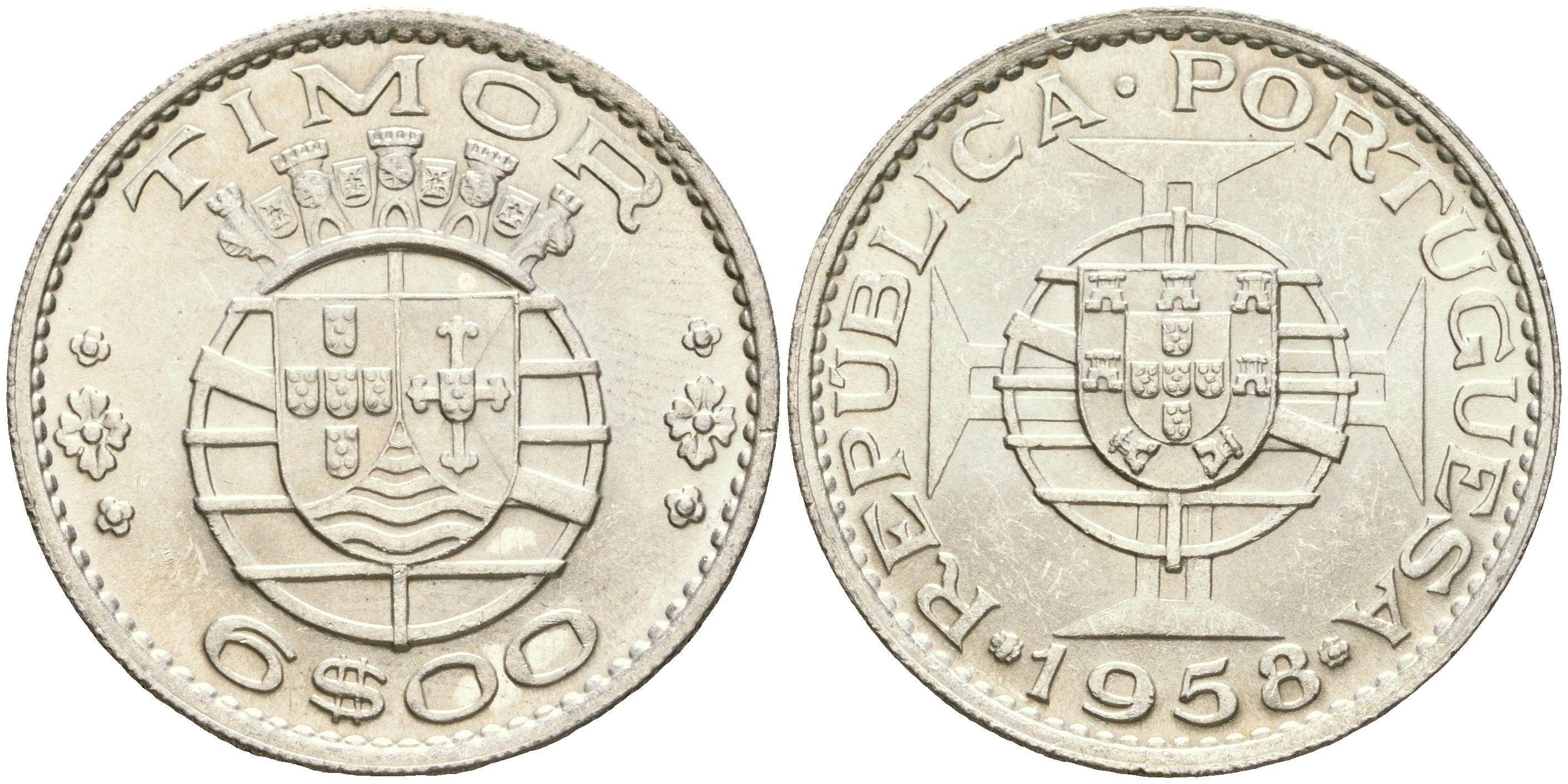 Португальский Тимор 6 эскудо 1958 год тип KM 15 серебро aUNC 4364-1644