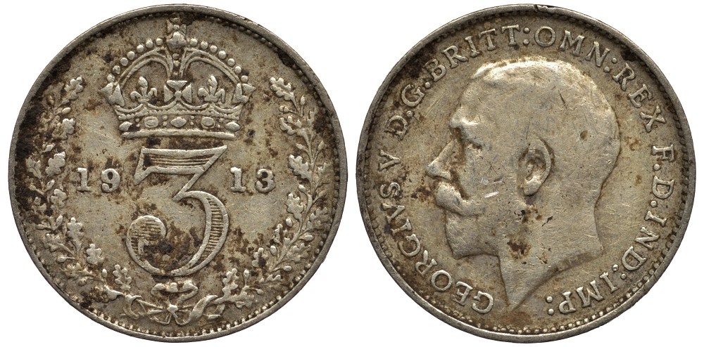 Великобритания 3 пенса 1913 Георг V (1910-1936) KM 813, Spink 4015 серебро 4528-434