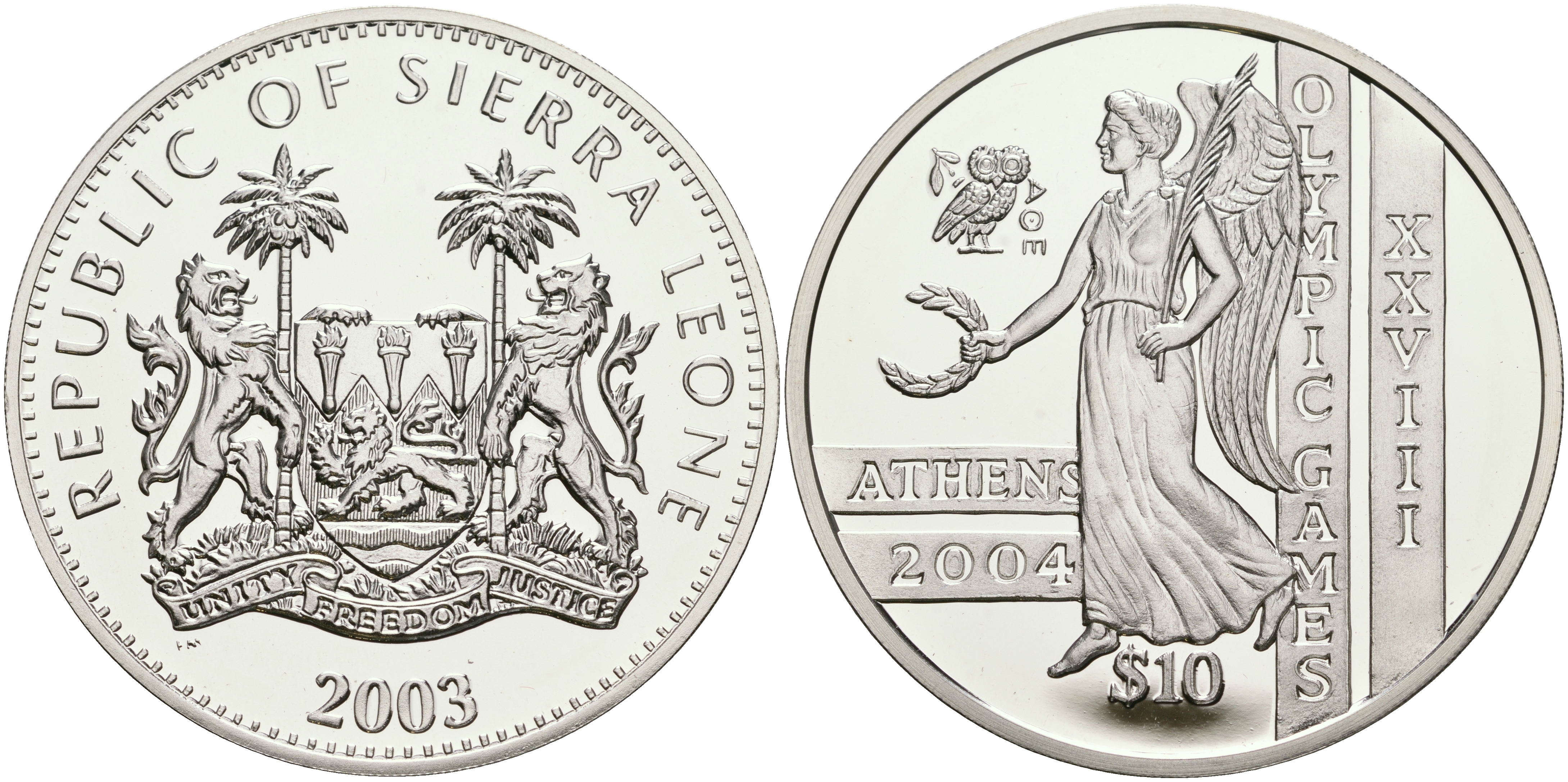 Сьерра-Леоне 10 долларов 2003 PM, XXVIII летние Олимпийские Игры в Афинах 2004 года, лавровый венок KM 289 серебро PROOF 1068-1-42