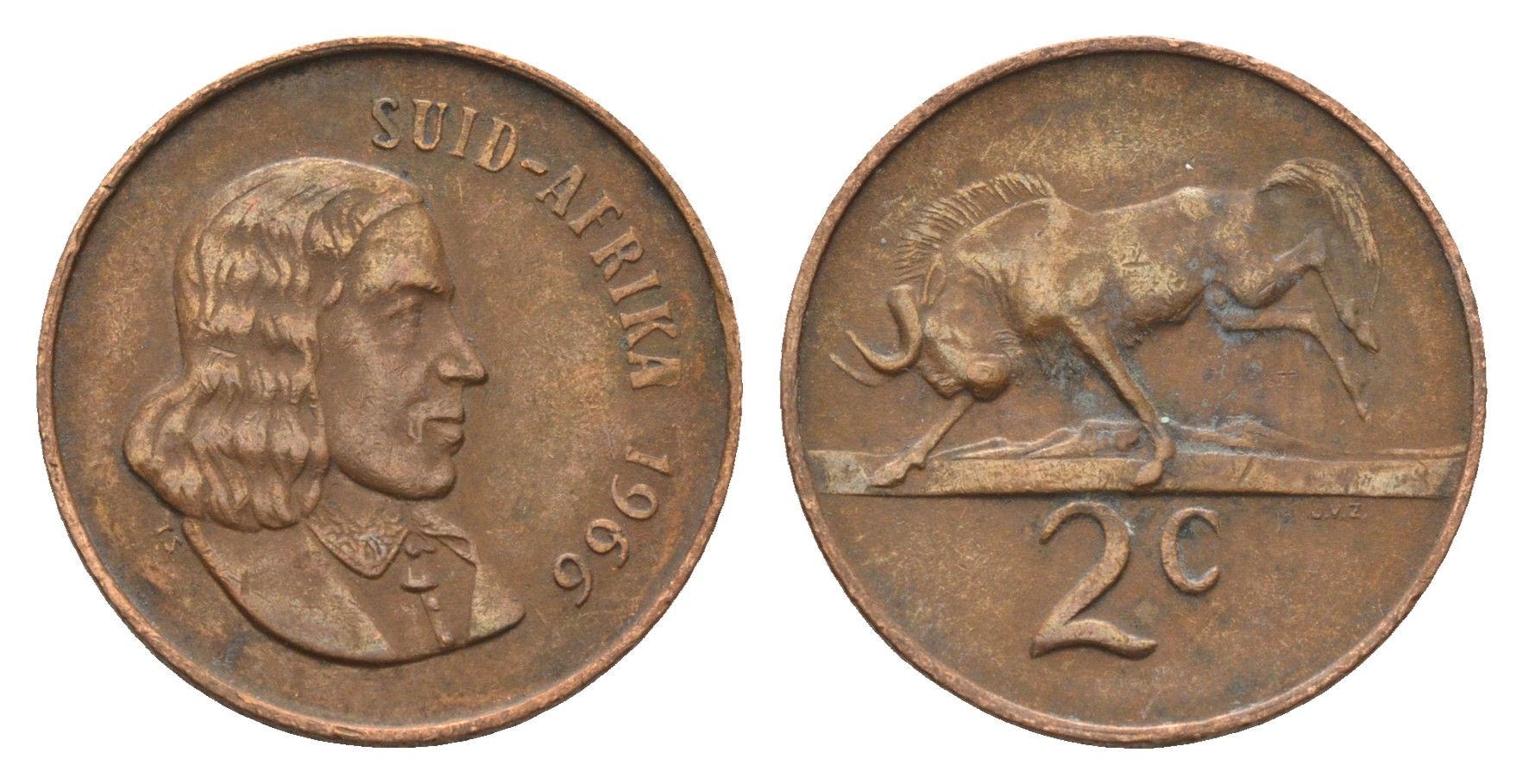 ЮАР 2 цента 1966 Ян ван Рибек (1619-1677), Suid Africa, легенда на африкаанс, антилопа гну KM 66.2 бронза 4122-121