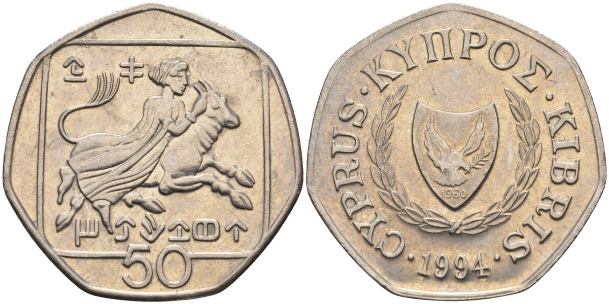 Кипр 50 центов 1994 похищение Европы KM 66 медно-никель 4141-1235