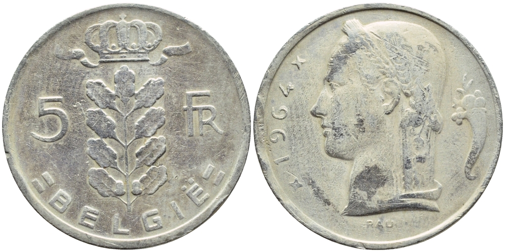 Бельгия 5 франков 1964 Belgie, Бодуэн I (1951-1993) KM 135.1 медно-никель 3999-936