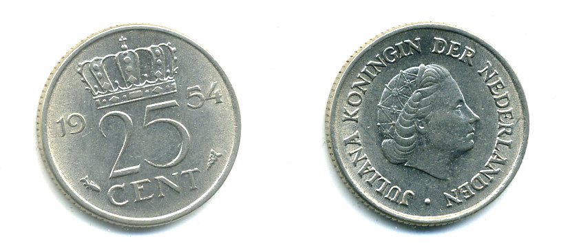 НИДЕРЛАНДЫ 25 ЦЕНТОВ 1954 ЮЛИАНА KM 183 никель 76-362