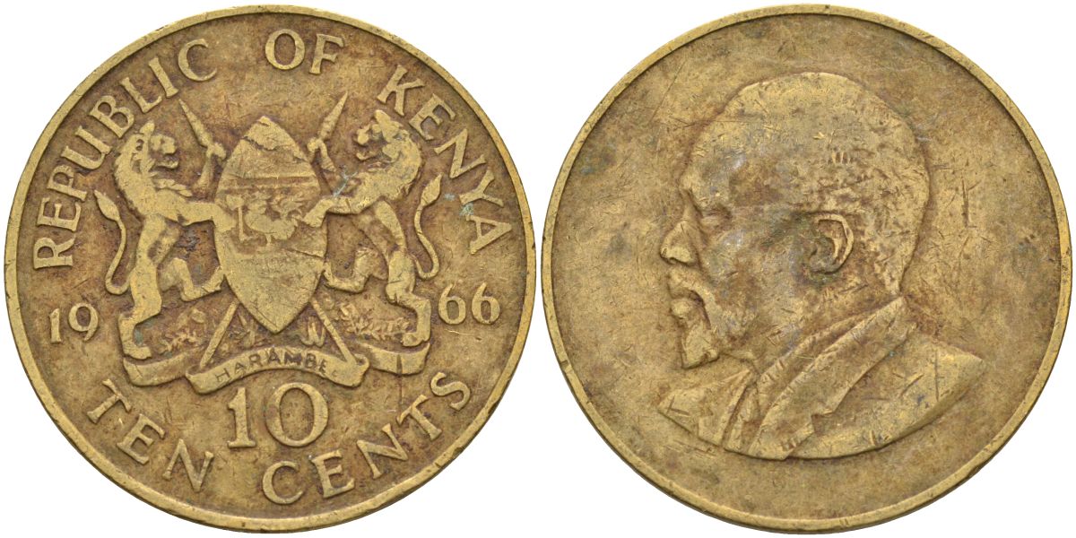 Кения 10 центов 1966 Джомо Кениата KM 2 никель латунь 4590-1034