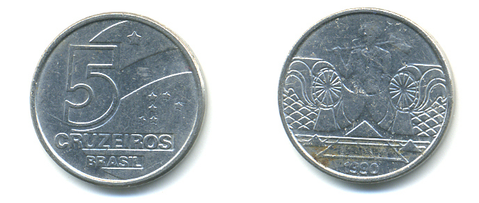 Бразилия 5 крузейро 1990 фермер KM 618.1 нержавеющая сталь aUNC 93-714