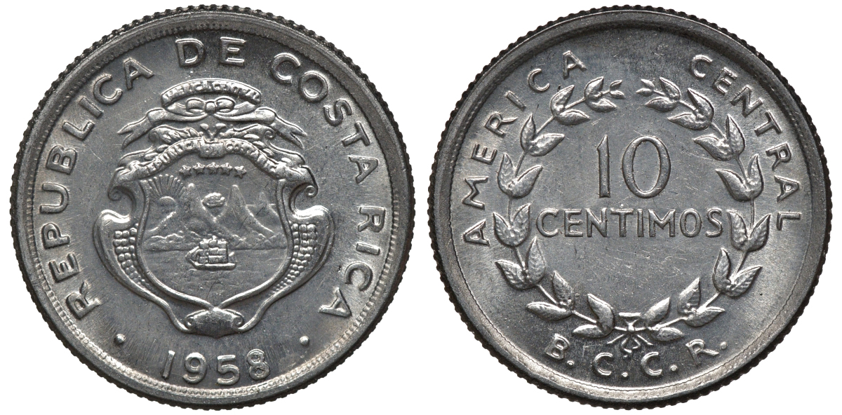 Коста-Рика 10 сентимо 1958 KM 185.1a сталь UNC M53-06