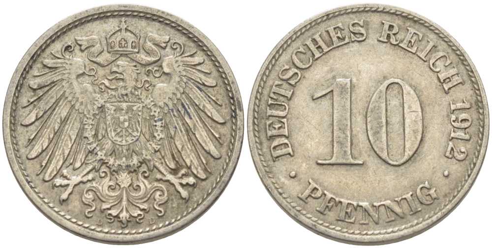ГЕРМАНИЯ 10 ПФЕННИГОВ 1912 D KM 12, J. 13 медно-никель 210-657