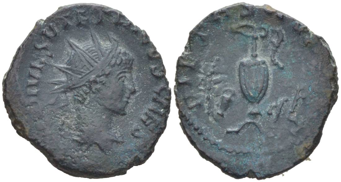 Римская Империя, императоры в Галлии антониниан 273 - 274 Тетрик II, C PIV ESV TETRICVS CAES, бюст цезаря / PIETAS AVGG, понтификальные атрибуты, Августа Треверов RIC 254 биллон 1073-20-94