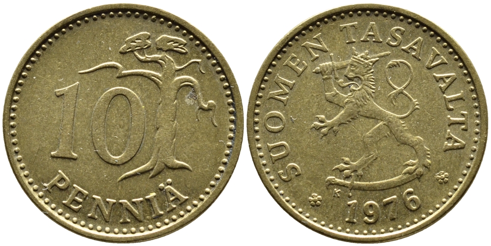 ФИНЛЯНДИЯ 10 ПЕННИ 1976 K KM 46 алюминиевая бронза 76-111