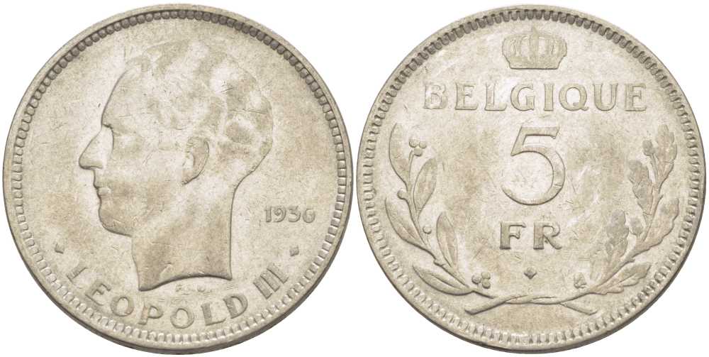 Бельгия 5 франков 1936 Леопольд III (1934-1951), Belgique KM 118 никель 3851-441