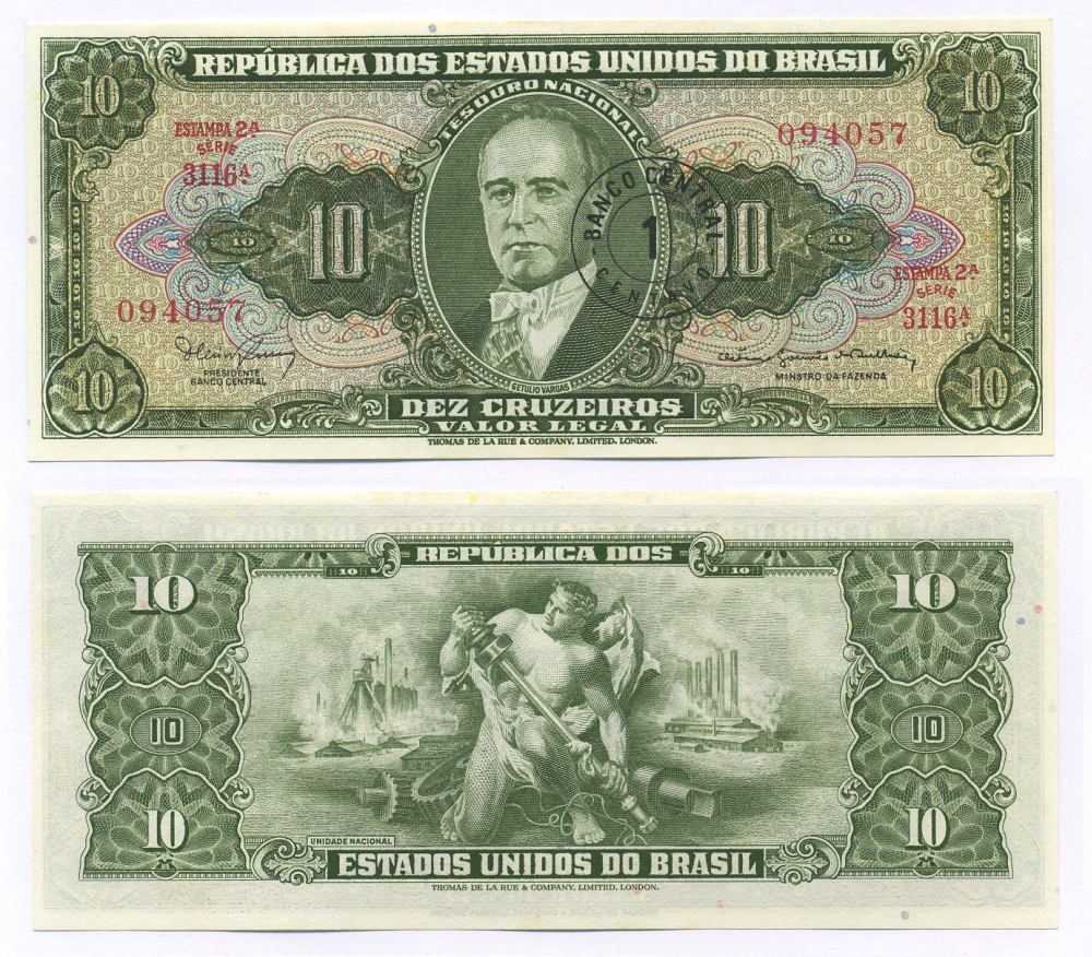 БРАЗИЛИЯ 1 СЕНТАВО 1966 НАДПЕЧАТКА НА 10 КРУЗЕЙРО, СЕРИЯ 3116, ESTAMPA 2A, ЖЕТУЛИУ ВАРГАС Pick 183а бумага UNC (ПРЕСС) 7116-8-3