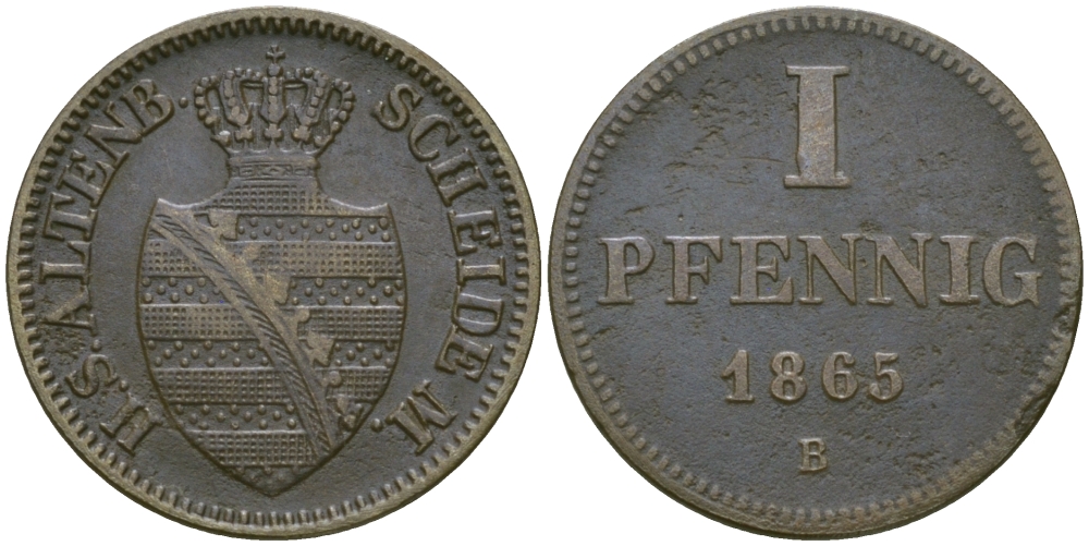 Саксен-Альтенбург 1 пфенниг 1865 В, Эрнст I Саксен-Альтенбургский (1853-1908) KM 14b, AKS 63 медь    99-627
