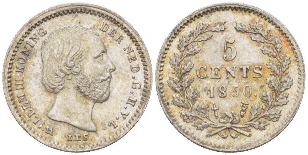 Нидерланды 5 центов 1850 Виллем III (1849-1890), точка после даты KM 91 серебро aUNC 66-1223